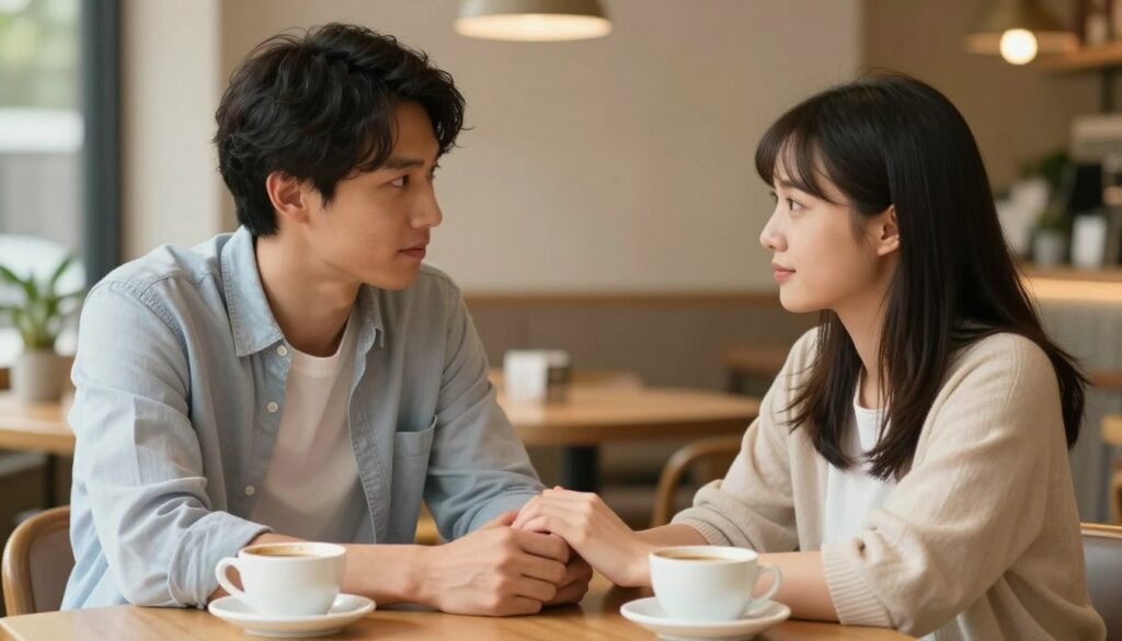 A warm and intimate scene depicting a couple sitting together at a cozy café table, engaged in a heartfelt conversation. The foreground features their hands gently touching, symbolizing connection and support. In the middle, the couple, a man and a woman, are depicted in modest casual attire, with thoughtful expressions that convey a mix of vulnerability and hope. The background features soft, soothing colors, with warm lighting that creates a calm atmosphere, possibly with blurred images of coffee cups and decorative plants. The overall mood should feel uplifting and reassuring, emphasizing the effort to reconnect and heal a strained relationship.
