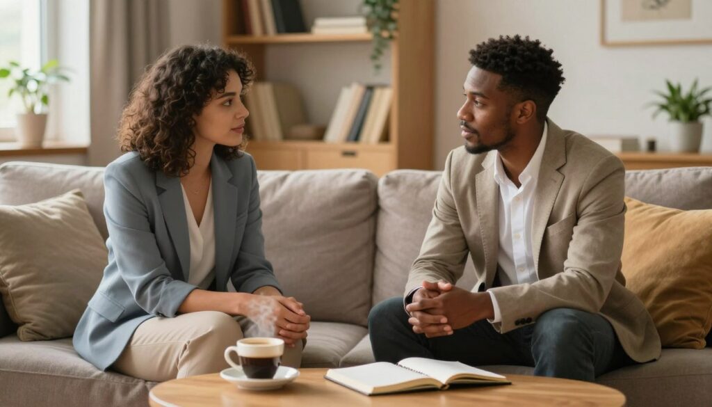 A warm and inviting indoor setting that symbolizes effective communication and closeness in relationships. In the foreground, a diverse couple engaged in a deep conversation, both wearing professional business attire, sitting comfortably on a plush sofa with soft cushions, their expressions showing understanding and connection. In the middle ground, a small wooden coffee table is adorned with a steaming cup of coffee and an open notebook, illustrating a scene of shared thoughts and ideas. The background features softly blurred, warm-toned shelves with books and plants, creating a cozy atmosphere. The scene is illuminated by gentle, natural lighting filtering through a nearby window, enhancing the intimate and supportive vibe of the moment. The overall mood is one of comfort, trust, and emotional connection. A warm and inviting indoor setting that symbolizes effective communication and closeness in relationships. In the foreground, a diverse couple engaged in a deep conversation, both wearing professional business attire, sitting comfortably on a plush sofa with soft cushions, their expressions showing understanding and connection. In the middle ground, a small wooden coffee table is adorned with a steaming cup of coffee and an open notebook, illustrating a scene of shared thoughts and ideas. The background features softly blurred, warm-toned shelves with books and plants, creating a cozy atmosphere. The scene is illuminated by gentle, natural lighting filtering through a nearby window, enhancing the intimate and supportive vibe of the moment. The overall mood is one of comfort, trust, and emotional connection.