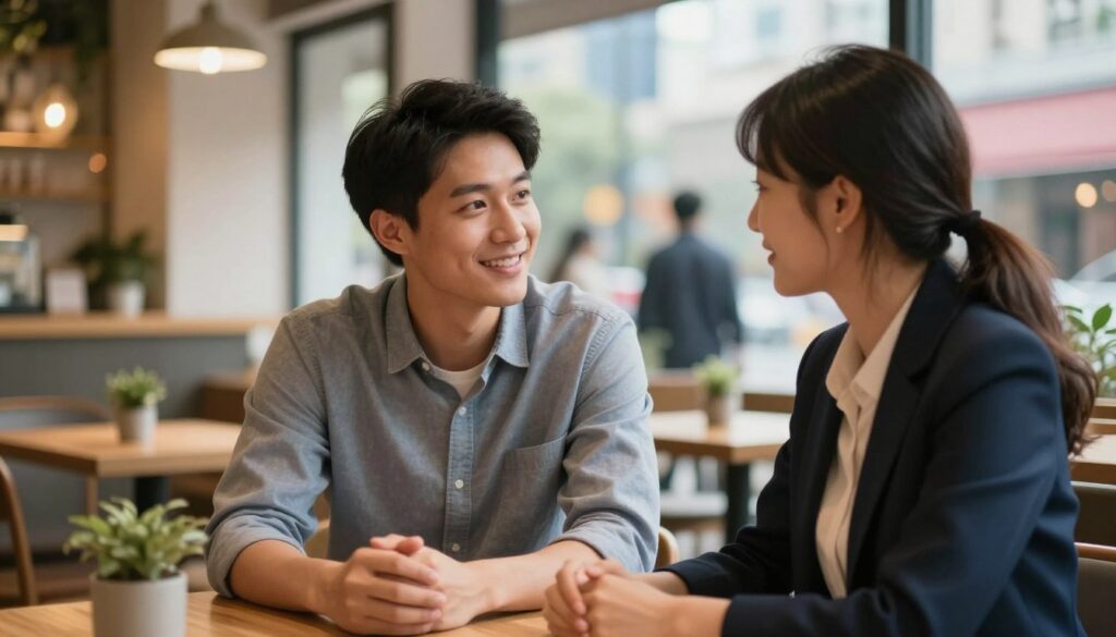 A warm and inviting scene depicting a couple engaged in a deep conversation, highlighting the benefits of relationships with shorter men. The foreground features a confident, shorter man in smart casual attire, smiling and listening intently to his partner, who is dressed in a professional outfit. In the middle ground, their surroundings include a cozy café with soft lighting, wooden tables, and a few decorative plants. In the background, soft-focus elements like a vibrant city skyline and people walking by add life and context. The lighting is soft and warm, creating an intimate atmosphere, while a slight bokeh effect enhances focus on the couple, showcasing connection and engagement in their conversation. The overall mood is positive and uplifting, emphasizing mutual respect and understanding.