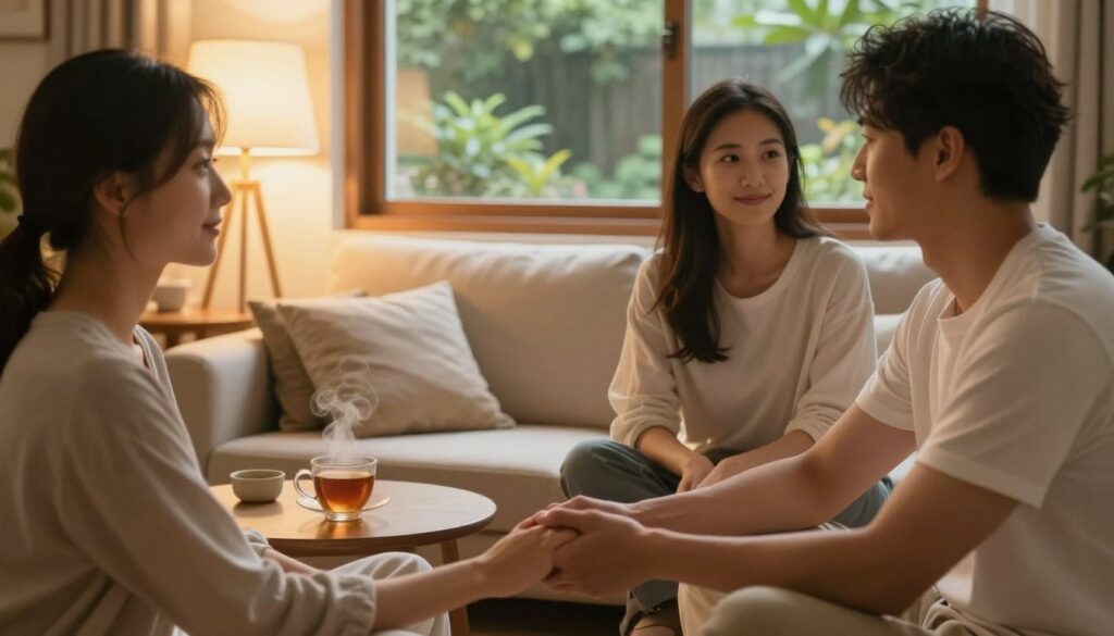 A warm and inviting scene depicting a couple engaged in meaningful gestures that symbolize mindfulness and intimacy. In the foreground, a man and woman, dressed in modest casual clothing, share a tender moment—he’s gently holding her hand while she gazes into his eyes with a soft smile. The middle ground features a cozy living room adorned with soft pillows, warm lighting from a nearby lamp that casts a golden hue, and a small coffee table with a steaming cup of tea, emphasizing comfort and connection. In the background, a window reveals a peaceful garden outside, enhancing the atmosphere of serenity and closeness. The composition conveys a sense of warmth, understanding, and genuine connection, spotlighting the importance of small, thoughtful gestures in building intimacy between partners. A warm and inviting scene depicting a couple engaged in meaningful gestures that symbolize mindfulness and intimacy. In the foreground, a man and woman, dressed in modest casual clothing, share a tender moment—he’s gently holding her hand while she gazes into his eyes with a soft smile. The middle ground features a cozy living room adorned with soft pillows, warm lighting from a nearby lamp that casts a golden hue, and a small coffee table with a steaming cup of tea, emphasizing comfort and connection. In the background, a window reveals a peaceful garden outside, enhancing the atmosphere of serenity and closeness. The composition conveys a sense of warmth, understanding, and genuine connection, spotlighting the importance of small, thoughtful gestures in building intimacy between partners.