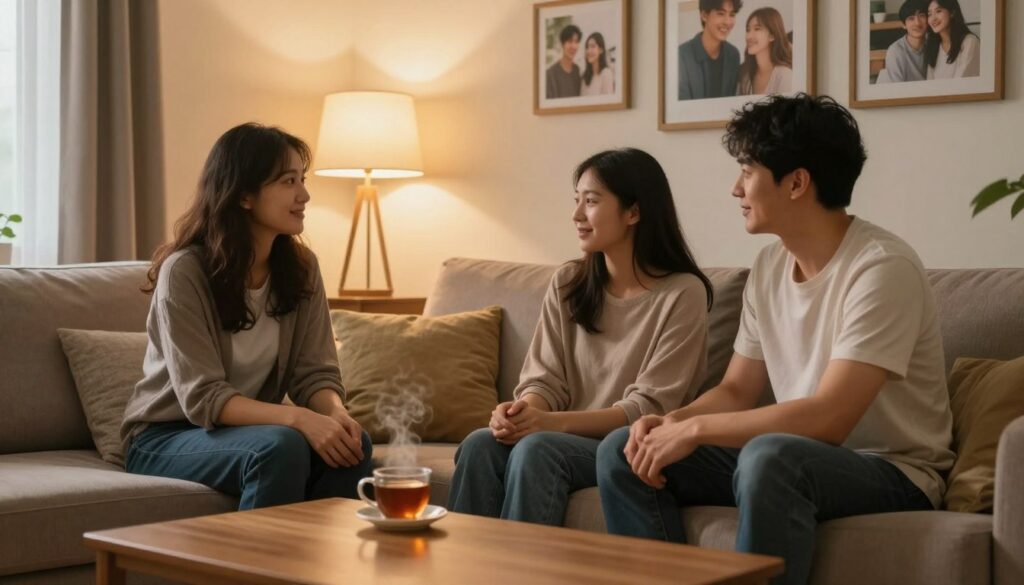 A warm and inviting scene depicting a cozy living room, illustrating the essence of safety in a relationship. In the foreground, a couple sits comfortably on a plush sofa, engaged in open and heartfelt conversation, both dressed in modest casual clothing. The middle section features a coffee table with a steaming cup of tea, symbolizing warmth and trust. In the background, soft ambient lighting emanates from a stylish lamp, casting a gentle glow around the room. The walls are adorned with framed photographs showcasing happy moments together, enhancing the theme of connection and security. The overall mood conveys intimacy and tranquility, inviting viewers to feel the profound sense of safety that effective communication fosters in a relationship.