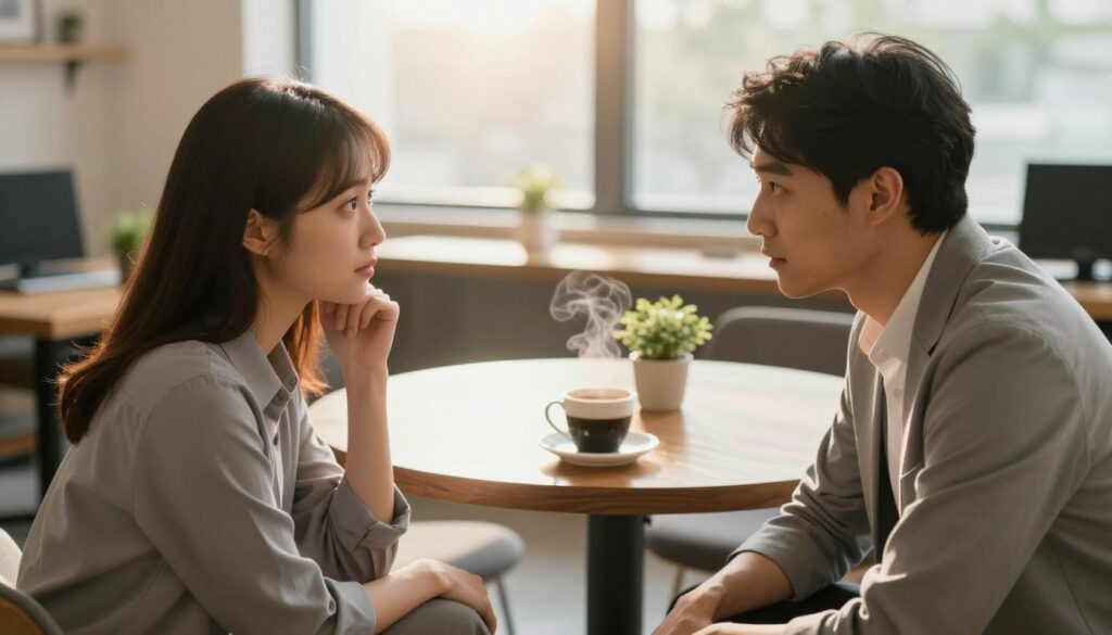 A warm and inviting scene depicting two individuals engaged in active listening, seated across from each other in a modern, cozy office setting. The foreground features a close-up of a man and woman, both dressed in professional attire, leaning slightly forward with expressions of empathy and focus. The middle ground highlights an elegant wooden table with a steaming cup of coffee and a small potted plant, symbolizing connection and comfort. In the background, soft natural light filters through a large window, casting a warm glow that enhances the intimate atmosphere. The overall mood is one of understanding and connection, emphasizing the importance of active listening in building strong relationships. The angle is slightly above eye level, capturing both participants’ facial expressions clearly, while maintaining a sense of depth and warmth in the space. A warm and inviting scene depicting two individuals engaged in active listening, seated across from each other in a modern, cozy office setting. The foreground features a close-up of a man and woman, both dressed in professional attire, leaning slightly forward with expressions of empathy and focus. The middle ground highlights an elegant wooden table with a steaming cup of coffee and a small potted plant, symbolizing connection and comfort. In the background, soft natural light filters through a large window, casting a warm glow that enhances the intimate atmosphere. The overall mood is one of understanding and connection, emphasizing the importance of active listening in building strong relationships. The angle is slightly above eye level, capturing both participants’ facial expressions clearly, while maintaining a sense of depth and warmth in the space.
