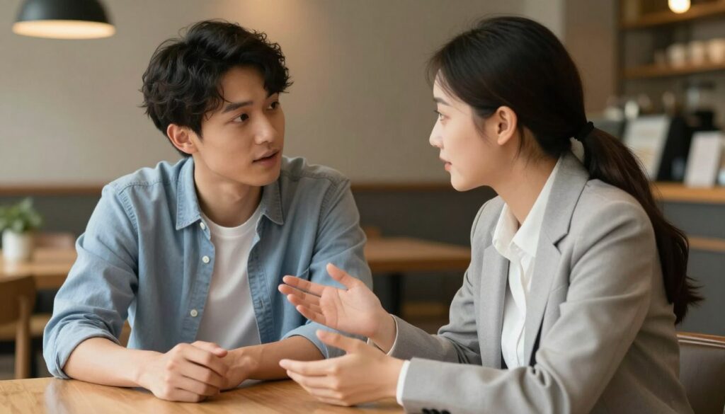A warm and inviting scene depicting two individuals in a cozy café, deep in conversation, showcasing the role of empathy in breaking communication barriers. In the foreground, a young woman, dressed in professional business attire, leans forward with a compassionate expression, her hands gesturing gently as she listens intently. The middle ground features a young man in smart casual clothing, slightly turning his body towards her, his face showing openness and vulnerability. The background includes soft-focus elements of the café, with warm lighting and subtle decor that enhances a sense of intimacy and connection. The overall mood is supportive and understanding, with a focus on non-verbal communication through body language and facial expressions, emphasizing the theme of empathy in relationships.