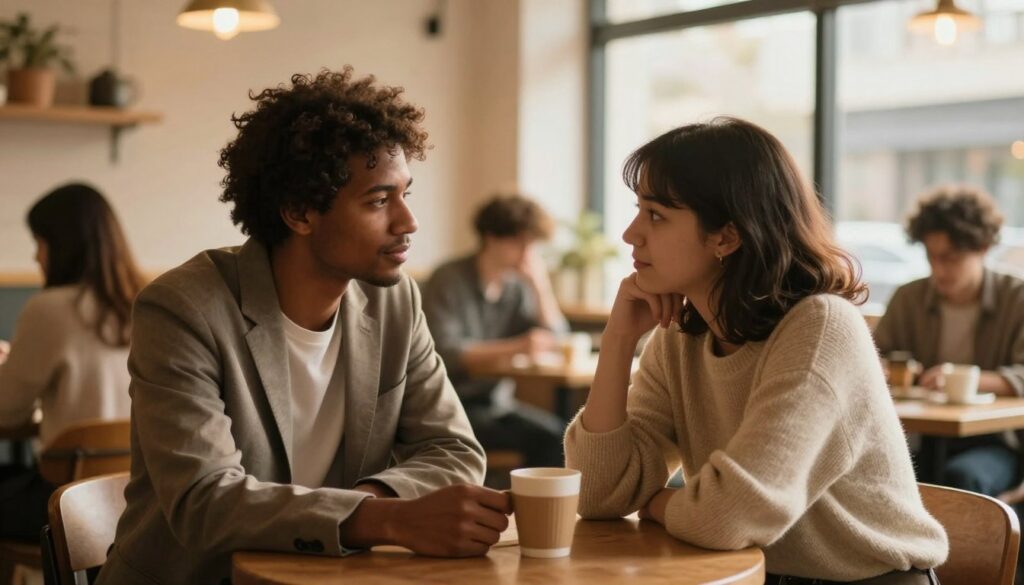 A warm and inviting scene depicting two people in a cozy, softly-lit coffee shop, engaged in deep conversation. In the foreground, a diverse couple, one wearing a smart blazer and the other in a comfortable sweater, sit closely together at a small table, leaning in to listen to each other with expressions of empathy and understanding. The middle ground features blurred outlines of other patrons, suggesting a sense of community and activity, while the background reveals a gentle light streaming in through a window, casting a golden hue throughout the space. The atmosphere is intimate and supportive, conveying warmth and connection, highlighting the theme of communication as a key to rebuilding closeness in relationships. A warm and inviting scene depicting two people in a cozy, softly-lit coffee shop, engaged in deep conversation. In the foreground, a diverse couple, one wearing a smart blazer and the other in a comfortable sweater, sit closely together at a small table, leaning in to listen to each other with expressions of empathy and understanding. The middle ground features blurred outlines of other patrons, suggesting a sense of community and activity, while the background reveals a gentle light streaming in through a window, casting a golden hue throughout the space. The atmosphere is intimate and supportive, conveying warmth and connection, highlighting the theme of communication as a key to rebuilding closeness in relationships.