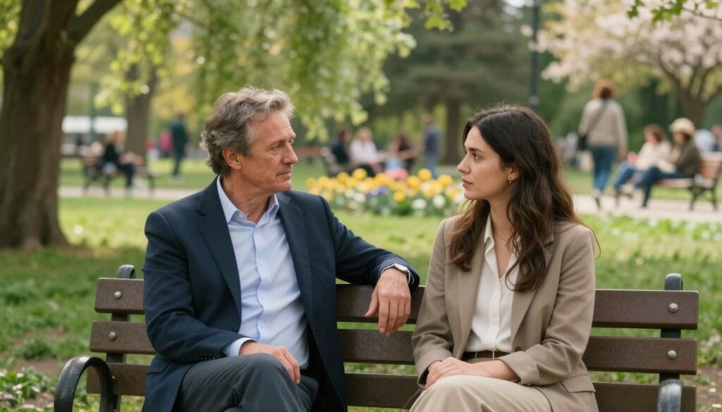 A warm and inviting scene featuring a couple with a significant age difference, highlighting the emotional and social dynamics of their relationship. In the foreground, depict a middle-aged man and a younger woman sitting on a cozy park bench, both dressed in professional casual attire, engaged in a deep conversation. The man's expression is thoughtful, while the woman appears contemplative yet open. In the middle ground, lush greenery surrounds them, with gently swaying trees and blooming flowers, symbolizing growth and change. The background features a soft-focus view of a serene park, filled with people enjoying leisure activities, illustrating societal perceptions. The lighting is soft and warm, evoking intimacy, with a slight bokeh effect to draw attention to the couple. The mood is reflective and hopeful, capturing the complexities of emotional connections. A warm and inviting scene featuring a couple with a significant age difference, highlighting the emotional and social dynamics of their relationship. In the foreground, depict a middle-aged man and a younger woman sitting on a cozy park bench, both dressed in professional casual attire, engaged in a deep conversation. The man's expression is thoughtful, while the woman appears contemplative yet open. In the middle ground, lush greenery surrounds them, with gently swaying trees and blooming flowers, symbolizing growth and change. The background features a soft-focus view of a serene park, filled with people enjoying leisure activities, illustrating societal perceptions. The lighting is soft and warm, evoking intimacy, with a slight bokeh effect to draw attention to the couple. The mood is reflective and hopeful, capturing the complexities of emotional connections.