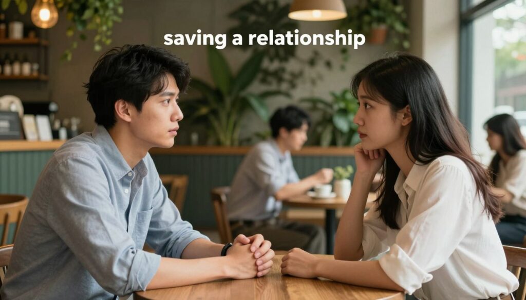 A warm and inviting scene illustrating "saving a relationship" after a breakup. In the foreground, a couple sits at a cozy café table, engaged in a heartfelt conversation, their expressions showing vulnerability and hope. Both are dressed in smart casual attire, with soft, natural lighting illuminating their faces. In the middle background, a vintage-style café ambiance with lush greenery and warm wooden accents creates an intimate atmosphere. A couple's hands are gently resting on the table, symbolizing connection and support. In the far background, blurred silhouettes of other patrons enjoying their time, enhancing the sense of community. The image evokes a mood of compassion, understanding, and resilience, emphasizing the importance of thoughtful communication in repairing bonds. A warm and inviting scene illustrating "saving a relationship" after a breakup. In the foreground, a couple sits at a cozy café table, engaged in a heartfelt conversation, their expressions showing vulnerability and hope. Both are dressed in smart casual attire, with soft, natural lighting illuminating their faces. In the middle background, a vintage-style café ambiance with lush greenery and warm wooden accents creates an intimate atmosphere. A couple's hands are gently resting on the table, symbolizing connection and support. In the far background, blurred silhouettes of other patrons enjoying their time, enhancing the sense of community. The image evokes a mood of compassion, understanding, and resilience, emphasizing the importance of thoughtful communication in repairing bonds.