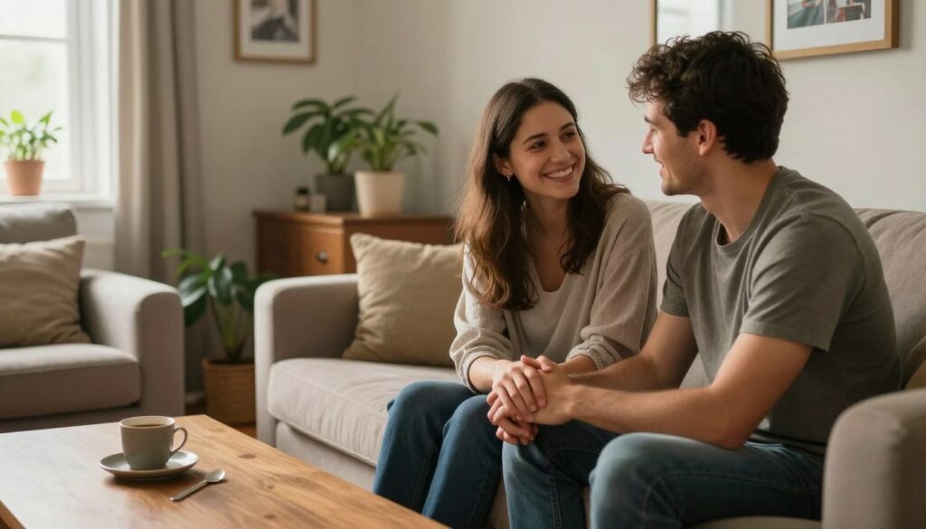 A warm and inviting scene illustrating the concept of commitment in a relationship. In the foreground, a smiling couple sits close together on a cozy sofa, engaging in meaningful conversation, both dressed in modest casual clothing. Their body language expresses openness and warmth, symbolizing connection. In the middle ground, a softly lit coffee table holds intertwined hands, representing unity and support. The background features a well-decorated living room with plants and framed photographs, evoking a sense of a shared life. Soft, natural lighting filters through a window, creating a tranquil atmosphere, illuminating the couple's expressions and enhancing the mood of intimacy and trust. The overall composition conveys a sense of deep emotional connection and mutual commitment. A warm and inviting scene illustrating the concept of commitment in a relationship. In the foreground, a smiling couple sits close together on a cozy sofa, engaging in meaningful conversation, both dressed in modest casual clothing. Their body language expresses openness and warmth, symbolizing connection. In the middle ground, a softly lit coffee table holds intertwined hands, representing unity and support. The background features a well-decorated living room with plants and framed photographs, evoking a sense of a shared life. Soft, natural lighting filters through a window, creating a tranquil atmosphere, illuminating the couple's expressions and enhancing the mood of intimacy and trust. The overall composition conveys a sense of deep emotional connection and mutual commitment.