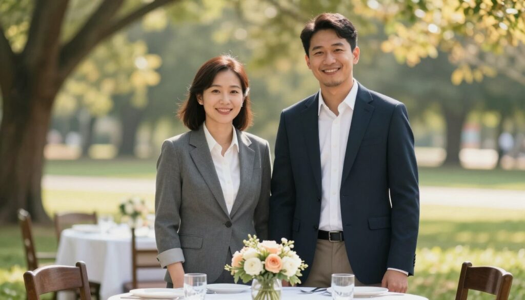 A warm and inviting scene illustrating the concept of partnership and marriage. In the foreground, a diverse couple stands together, smiling, dressed in professional business attire, symbolizing equality and partnership. The middle ground features a beautifully set dining table with a small bouquet of flowers, representing intimacy and connection. In the background, a park with soft sunlight filtering through the trees creates a peaceful and harmonious atmosphere. The image should convey a sense of love, partnership, and commitment. Use a shallow depth of field to slightly blur the background, drawing focus to the couple. The lighting should be soft and warm, evoking a positive and uplifting mood, perfect for conveying the theme of equality in relationships. A warm and inviting scene illustrating the concept of partnership and marriage. In the foreground, a diverse couple stands together, smiling, dressed in professional business attire, symbolizing equality and partnership. The middle ground features a beautifully set dining table with a small bouquet of flowers, representing intimacy and connection. In the background, a park with soft sunlight filtering through the trees creates a peaceful and harmonious atmosphere. The image should convey a sense of love, partnership, and commitment. Use a shallow depth of field to slightly blur the background, drawing focus to the couple. The lighting should be soft and warm, evoking a positive and uplifting mood, perfect for conveying the theme of equality in relationships.