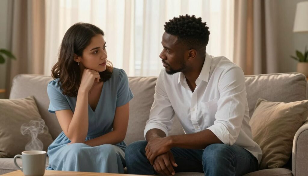 A warm, intimate scene depicting a diverse couple sitting together in a cozy living room. The woman, wearing a modest, soft blue dress, appears contemplative while the man, in a smart casual white shirt, leans in empathetically. Their body language should reflect openness, with the woman gesturing subtly towards the man. In the background, a gentle light filters through sheer curtains, casting a soft glow that enhances the warmth of the space. A plush sofa and a small coffee table with a steaming mug add to the homely atmosphere. The focus should be on their engaged expressions, emphasizing the theme of communication and connection. The image should convey a feeling of hope and understanding, inviting the viewer into a moment of shared vulnerability.