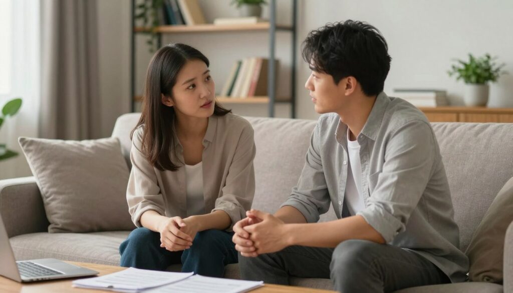 A warm, inviting scene depicting a couple in a cozy living room, engaged in a thoughtful conversation. The foreground features the couple sitting close on a comfortable couch, in professional casual attire, reflecting a sense of openness and vulnerability. The middle ground transitions to a coffee table with some scattered notes, symbolizing organization struggles. The background showcases a softly lit room with shelves lined with books and plants, creating a calming atmosphere. Utilizes soft, natural lighting to enhance intimacy, with a shallow depth of field focusing on the couple and their expressions. The overall mood should convey empathy and connection, highlighting the challenges of daily communication between partners, evoking a sense of understanding and collaboration. A warm, inviting scene depicting a couple in a cozy living room, engaged in a thoughtful conversation. The foreground features the couple sitting close on a comfortable couch, in professional casual attire, reflecting a sense of openness and vulnerability. The middle ground transitions to a coffee table with some scattered notes, symbolizing organization struggles. The background showcases a softly lit room with shelves lined with books and plants, creating a calming atmosphere. Utilizes soft, natural lighting to enhance intimacy, with a shallow depth of field focusing on the couple and their expressions. The overall mood should convey empathy and connection, highlighting the challenges of daily communication between partners, evoking a sense of understanding and collaboration.