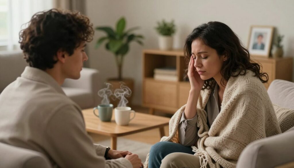 A warm, inviting scene depicting emotional support during challenging times. In the foreground, a diverse pair of adults—one comforting the other—sits on a comfortable couch, wrapped in cozy blankets, with soft, genuine expressions of empathy. The middle ground includes a small coffee table with steaming mugs, symbolizing comfort and connection. In the background, a softly lit living room with warm colors enhances the intimate atmosphere, featuring potted plants and framed photographs that evoke memories. Soft, diffused lighting creates a serene ambiance, inviting feelings of safety and understanding. Use a slight depth of field to focus on the emotional exchange, capturing the essence of companionship and emotional support in a realistic yet heartwarming manner. A warm, inviting scene depicting emotional support during challenging times. In the foreground, a diverse pair of adults—one comforting the other—sits on a comfortable couch, wrapped in cozy blankets, with soft, genuine expressions of empathy. The middle ground includes a small coffee table with steaming mugs, symbolizing comfort and connection. In the background, a softly lit living room with warm colors enhances the intimate atmosphere, featuring potted plants and framed photographs that evoke memories. Soft, diffused lighting creates a serene ambiance, inviting feelings of safety and understanding. Use a slight depth of field to focus on the emotional exchange, capturing the essence of companionship and emotional support in a realistic yet heartwarming manner.