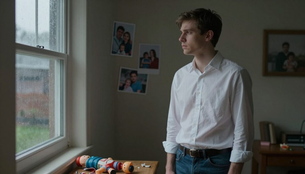 A young adult standing in a softly lit room, looking contemplatively out of a window with a gentle rain falling outside. The character, a Caucasian male wearing a neatly pressed button-up shirt and jeans, shows a somber expression reflecting inner turmoil and vulnerability. In the foreground, a broken toy lies on the floor, symbolizing lost childhood. In the middle ground, family photos hang slightly askew on the wall, hinting at a troubled past. The background features muted colors with shadows that create a somber mood, enhancing feelings of isolation and longing for closeness. The scene is captured with a shallow depth of field, focusing on the figure while the surroundings softly blur, emphasizing the emotional weight of the moment. A young adult standing in a softly lit room, looking contemplatively out of a window with a gentle rain falling outside. The character, a Caucasian male wearing a neatly pressed button-up shirt and jeans, shows a somber expression reflecting inner turmoil and vulnerability. In the foreground, a broken toy lies on the floor, symbolizing lost childhood. In the middle ground, family photos hang slightly askew on the wall, hinting at a troubled past. The background features muted colors with shadows that create a somber mood, enhancing feelings of isolation and longing for closeness. The scene is captured with a shallow depth of field, focusing on the figure while the surroundings softly blur, emphasizing the emotional weight of the moment.