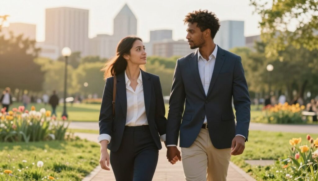 A young couple in professional attire stands together in a sunlit park, taking their first steps toward a shared future. In the foreground, they hold hands and gaze at each other with determination and hope. The couple, a diverse pair with distinct cultural backgrounds, embodies unity and partnership. In the middle ground, soft grasses and blooming flowers create a serene setting, suggesting growth and potential. The background features a blurred city skyline, symbolizing the ventures and opportunities that lie ahead. The warm, golden hour lighting casts a soft glow, enhancing the mood of optimism and stability. The scene captures the essence of embarking on a journey together, filled with promise and shared goals, while maintaining a sense of tranquility.
