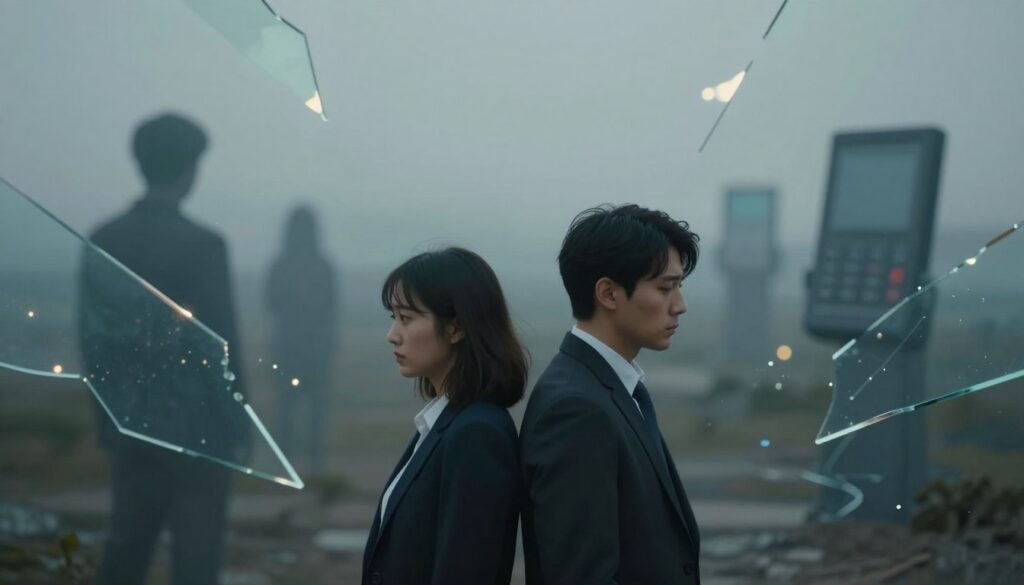 An abstract representation of emotional distance, focusing on psychological themes. In the foreground, two human figures, dressed in professional business attire, stand back-to-back with their faces turned away from each other, their expressions conveying confusion and sadness. In the middle ground, blurred silhouettes of various communication devices symbolize the struggle to connect, surrounded by fragmented shards of glass reflecting soft lights. In the background, a muted, abstract landscape with cool colors such as blues and grays, suggesting isolation and emotional void. The lighting is soft and diffused, creating a somber yet reflective atmosphere, captured from a slightly elevated angle to emphasize the emotional disconnect. An abstract representation of emotional distance, focusing on psychological themes. In the foreground, two human figures, dressed in professional business attire, stand back-to-back with their faces turned away from each other, their expressions conveying confusion and sadness. In the middle ground, blurred silhouettes of various communication devices symbolize the struggle to connect, surrounded by fragmented shards of glass reflecting soft lights. In the background, a muted, abstract landscape with cool colors such as blues and grays, suggesting isolation and emotional void. The lighting is soft and diffused, creating a somber yet reflective atmosphere, captured from a slightly elevated angle to emphasize the emotional disconnect.