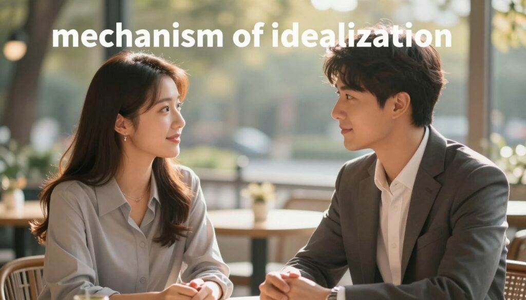 An artistic representation of the "mechanism of idealization" in the early stages of a relationship. In the foreground, a couple is depicted in an intimate yet professional setting, engaged in deep conversation, their expressions reflecting admiration and soft fascination. The man, dressed in a tailored suit, looks at the woman, who wears a smart blouse, both radiating warmth and connection. In the middle ground, soft, glowing light enhances the scene, casting gentle shadows and creating a dreamy atmosphere. The background features blurred outlines of an elegant café or a serene park, subtly suggesting a romantic ambiance. The overall mood is enchanting and optimistic, capturing the essence of idealization as an emotional experience, with a focus on the interplay of light and shadow to evoke a sense of depth and intimacy.