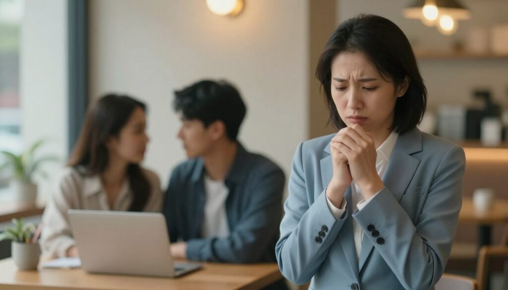 An emotionally charged scene portraying the characteristic symptoms of anxious attachment style. In the foreground, a person in professional business attire stands with a worried expression, wringing their hands, displaying feelings of uncertainty and fear of rejection. In the middle ground, faint silhouettes of a romantic couple sit nearby, an air of disconnect around them, symbolizing closeness yet emotional distance. The background features a softly blurred café setting, with warm lighting that enhances the mood of intimacy mixed with anxiety. The colors should evoke a sense of vulnerability—gentle blues and warm yellows. Capture the intricate emotions present in relationships affected by anxious attachment, focusing on expressions and body language. Use soft focus to create a dream-like quality while maintaining clarity on the foreground subject. An emotionally charged scene portraying the characteristic symptoms of anxious attachment style. In the foreground, a person in professional business attire stands with a worried expression, wringing their hands, displaying feelings of uncertainty and fear of rejection. In the middle ground, faint silhouettes of a romantic couple sit nearby, an air of disconnect around them, symbolizing closeness yet emotional distance. The background features a softly blurred café setting, with warm lighting that enhances the mood of intimacy mixed with anxiety. The colors should evoke a sense of vulnerability—gentle blues and warm yellows. Capture the intricate emotions present in relationships affected by anxious attachment, focusing on expressions and body language. Use soft focus to create a dream-like quality while maintaining clarity on the foreground subject.
