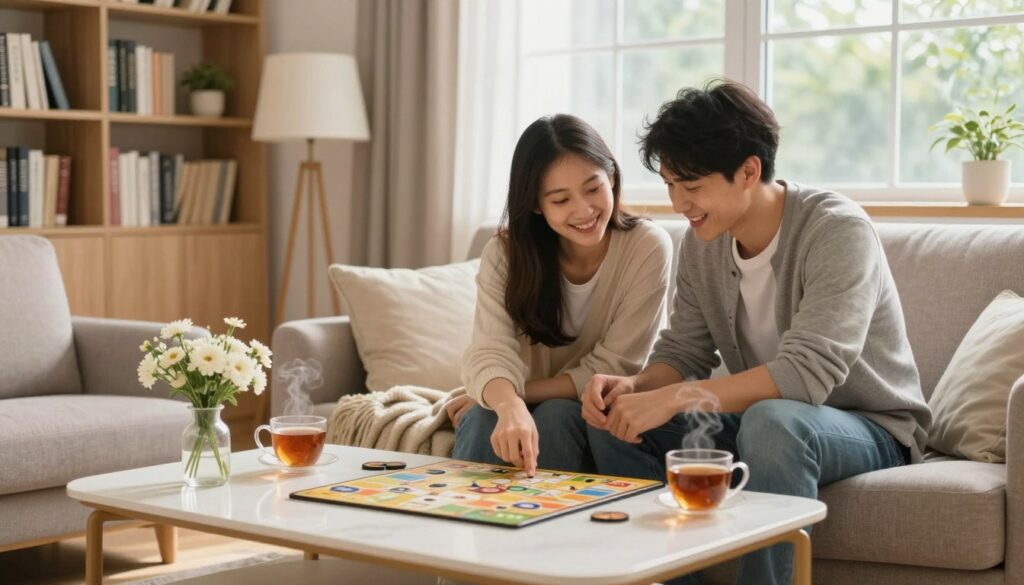 In a cozy living room, a couple shares a warm moment together, reflecting intimacy amid their busy lives. The foreground features a comfortable sofa, with both partners seated close, engaged in a board game with joyful expressions. A soft blanket drapes over their laps, enhancing the sense of warmth. In the middle, an elegant coffee table adorned with mugs of steaming tea and a small vase of fresh flowers adds a personal touch. The background showcases a well-lit room filled with bookshelves and soft, natural light streaming through a large window, creating a serene ambiance. The overall mood is relaxed and affectionate, emphasizing connection and the importance of shared time together.
