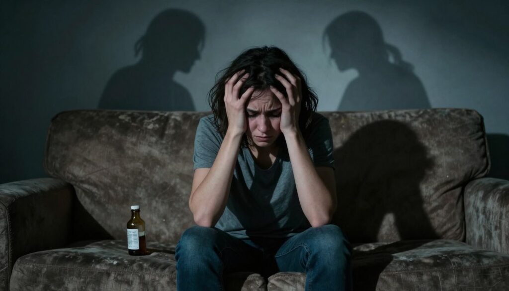 In a dimly lit room conveying a sense of tension, a troubled individual is seated on a worn-out sofa, dressed in modest casual clothing, with a look of despair and conflict etched on their face. They are holding a half-empty bottle, symbolizing addiction, with their other hand clenching the fabric of the sofa. In the background, shadows loom, representing the looming threat and emotional turmoil of a toxic relationship, with abstract shapes resembling chaotic emotions swirling around. The lighting is low and dramatic, casting sharp shadows that enhance the atmosphere of anxiety and helplessness. The image captures the complexity of love intertwined with fear and boundary issues in the presence of addiction.