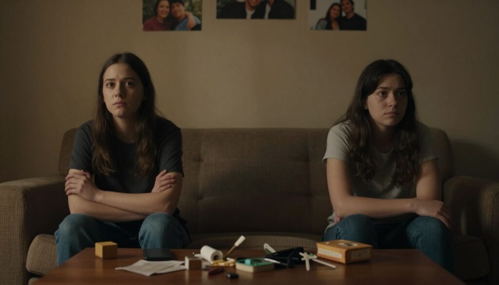 In a dimly lit room, two individuals sit on opposite ends of a couch, looking distant and pensive, symbolizing the lack of closeness in their relationship. The foreground features their body language: arms crossed, avoiding eye contact, creating a palpable emotional gap between them. In the middle ground, soft shadows cast across the room emphasize the chilling atmosphere, with a coffee table cluttered with untouched items, representing stagnation. The background includes blurred photographs of happier times on the walls, now fading, enhancing the feeling of loss. The lighting is warm yet somber, with a narrow depth of field to focus on the couple while the background gently fades away, evoking a mood of isolation and contemplation. In a dimly lit room, two individuals sit on opposite ends of a couch, looking distant and pensive, symbolizing the lack of closeness in their relationship. The foreground features their body language: arms crossed, avoiding eye contact, creating a palpable emotional gap between them. In the middle ground, soft shadows cast across the room emphasize the chilling atmosphere, with a coffee table cluttered with untouched items, representing stagnation. The background includes blurred photographs of happier times on the walls, now fading, enhancing the feeling of loss. The lighting is warm yet somber, with a narrow depth of field to focus on the couple while the background gently fades away, evoking a mood of isolation and contemplation.