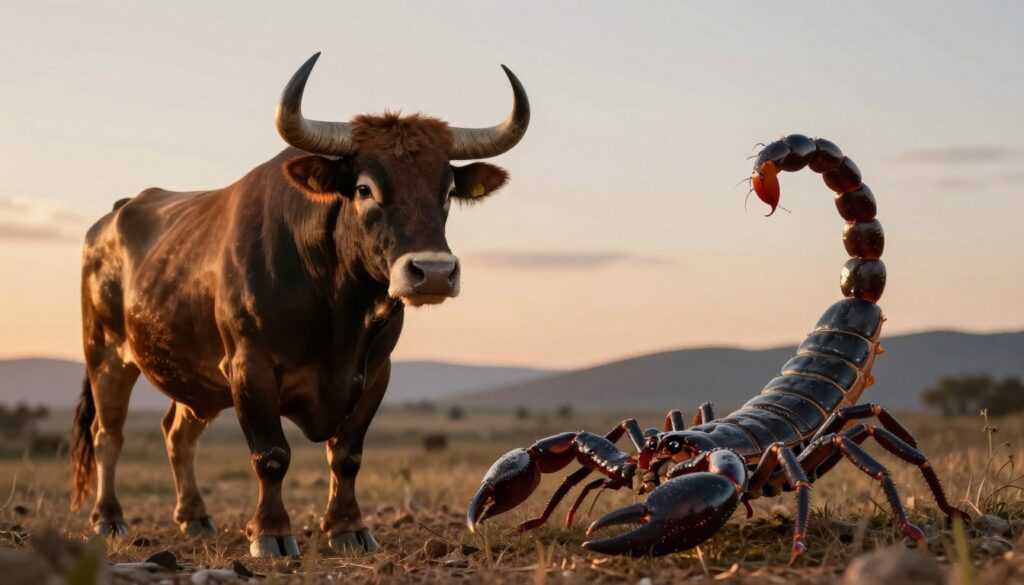 In a serene setting, an elegant Taurus bull and a dynamic Scorpio scorpion coexist in harmony, each symbolizing their distinct traits. The bull, robust and calm with a glossy coat, stands in the foreground, embodying strength and loyalty; while the Scorpio, detailed and poised with a shiny exoskeleton, lurks in the middle, showcasing intensity and depth. The background features a softly illuminated landscape with gentle hills and a twilight sky, suggesting an aura of tranquility and reflection. Warm, golden lighting bathes the scene, highlighting their unique characteristics and creating a balanced contrast. The mood is contemplative yet vibrant, capturing the essence of strong emotions and the theme of avoiding conflicts in their relationship.