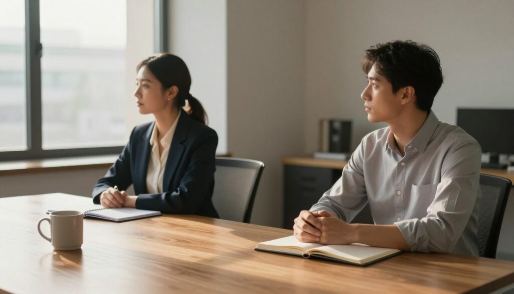 In a softly lit, modern office space, a woman and a man sit at a large wooden table, distanced from each other, both appearing contemplative yet calm. The foreground features a coffee mug and an open notebook, suggesting a serious discussion about their relationship. In the middle, the two figures are dressed in professional attire—she in a smart blouse and blazer, he in a collared shirt and trousers—reflecting the gravity of their conversation. The background shows a large window with the soft glow of sunlight filtering through, casting gentle shadows across the room. The mood is pensive, illustrating a moment of separation and introspection, symbolizing the key differences between separation and divorce. In a softly lit, modern office space, a woman and a man sit at a large wooden table, distanced from each other, both appearing contemplative yet calm. The foreground features a coffee mug and an open notebook, suggesting a serious discussion about their relationship. In the middle, the two figures are dressed in professional attire—she in a smart blouse and blazer, he in a collared shirt and trousers—reflecting the gravity of their conversation. The background shows a large window with the soft glow of sunlight filtering through, casting gentle shadows across the room. The mood is pensive, illustrating a moment of separation and introspection, symbolizing the key differences between separation and divorce.