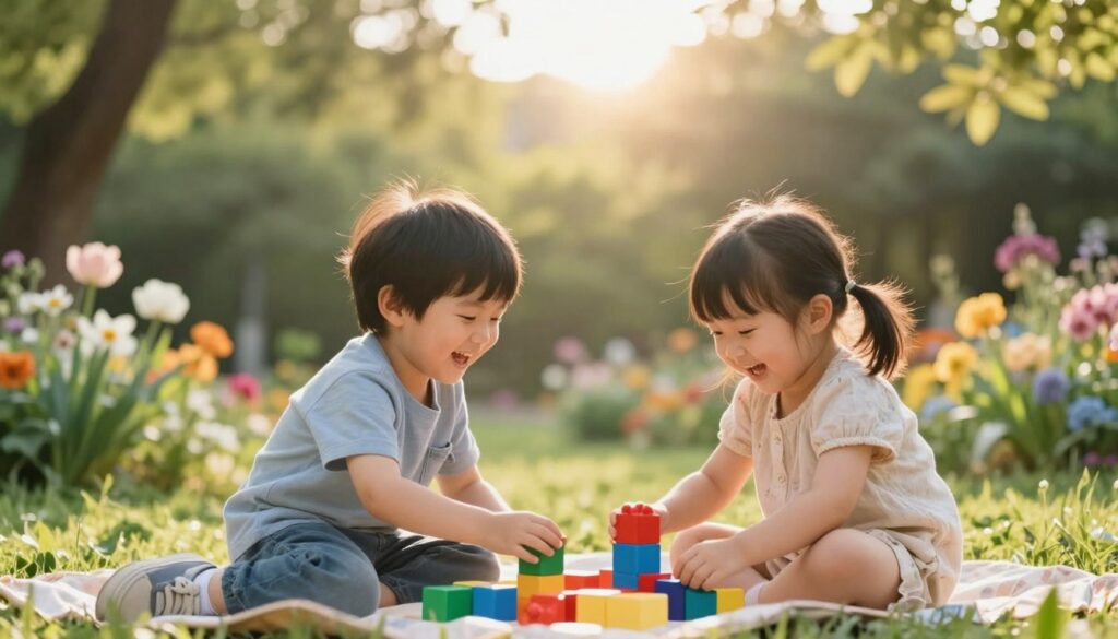 Twins playing together in a serene garden, symbolizing the bond and emotional depth contributed by children to a relationship. In the foreground, two young children, a boy and a girl, are laughing as they engage with colorful building blocks. They are dressed in modest, casual clothing. In the middle ground, a peaceful park scene with blooming flowers and soft greenery, embodying joy and tranquility, enhances the atmosphere of stability and connection. In the background, soft sunlight filters through the trees, creating a warm glow. The shot is captured from a low angle, giving a slightly elevated perspective on the twins, evoking feelings of innocence, emotional richness, and understanding in relationships. The mood is joyful and serene, conveying harmony and support.