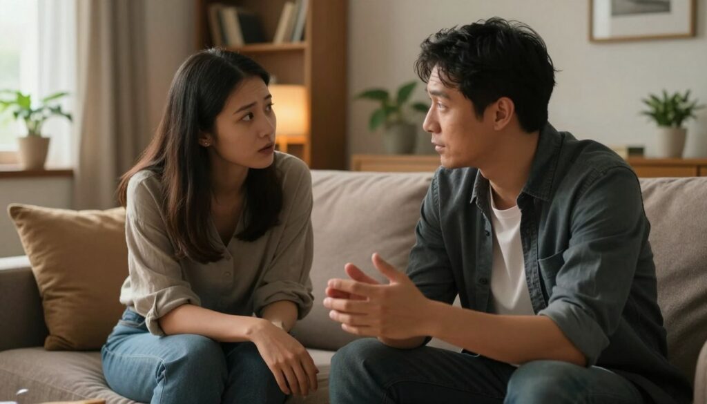 Two individuals seated closely together on a comfortable couch in a softly lit living room, engaged in a deep conversation. The woman, dressed in modest casual attire, is leaning slightly forward, her expression attentive and understanding, while the man, in smart casual clothing, gestures thoughtfully as he shares his feelings. In the background, warm, ambient lighting creates a cozy atmosphere, with plants and bookshelves adding to the setting's intimacy. A window allows soft natural light to filter in, illuminating their faces and creating a sense of warmth. The focus is on their facial expressions, capturing the essence of recognizing and valuing each other's individual needs, with a sense of connection and empathy evident in their postures and expressions.