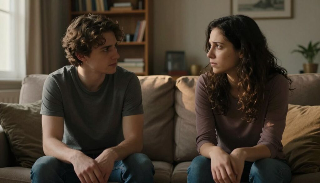 a couple in a cozy yet tense living room, sitting on a sofa facing each other, their expressions reflecting a mix of concern and longing for connection. The foreground captures their hands slightly apart, emphasizing the distance in their relationship. In the middle, a soft, warm light filters through a nearby window, illuminating their faces and creating shadows that reflect their emotional state. The background features a subtle, blurred bookshelf filled with personal items, symbolizing shared memories, but with an air of unease. The overall mood is introspective and poignant, suggesting the struggle of trust being challenged in their bond. The scene should be captured in a candid, slightly angled view to enhance the emotional depth. a couple in a cozy yet tense living room, sitting on a sofa facing each other, their expressions reflecting a mix of concern and longing for connection. The foreground captures their hands slightly apart, emphasizing the distance in their relationship. In the middle, a soft, warm light filters through a nearby window, illuminating their faces and creating shadows that reflect their emotional state. The background features a subtle, blurred bookshelf filled with personal items, symbolizing shared memories, but with an air of unease. The overall mood is introspective and poignant, suggesting the struggle of trust being challenged in their bond. The scene should be captured in a candid, slightly angled view to enhance the emotional depth.
