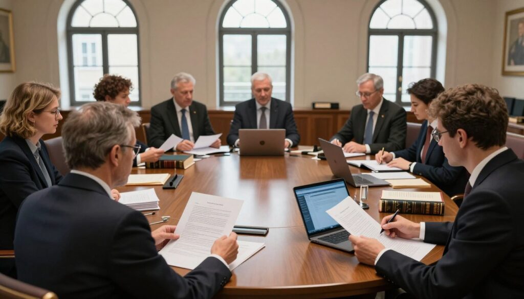 A European courtroom scene illustrating the role of European case law in shaping legal principles. In the foreground, a diverse group of professional figures—lawyers and judges in business attire—examining legal texts and digital documents. The middle ground features a large round table surrounded by these professionals engaged in a dynamic discussion, with law books and a laptop open, symbolizing the intersection of traditional and modern legal practices. In the background, elegant arched windows allowing soft natural light to filter through, creating a warm and authoritative atmosphere. The overall mood is one of collaboration and scholarly pursuit, emphasizing the significance of European jurisprudence in contemporary law. The image should capture a balanced composition with a depth of field that keeps the focus on the professionals in discussion. A European courtroom scene illustrating the role of European case law in shaping legal principles. In the foreground, a diverse group of professional figures—lawyers and judges in business attire—examining legal texts and digital documents. The middle ground features a large round table surrounded by these professionals engaged in a dynamic discussion, with law books and a laptop open, symbolizing the intersection of traditional and modern legal practices. In the background, elegant arched windows allowing soft natural light to filter through, creating a warm and authoritative atmosphere. The overall mood is one of collaboration and scholarly pursuit, emphasizing the significance of European jurisprudence in contemporary law. The image should capture a balanced composition with a depth of field that keeps the focus on the professionals in discussion.