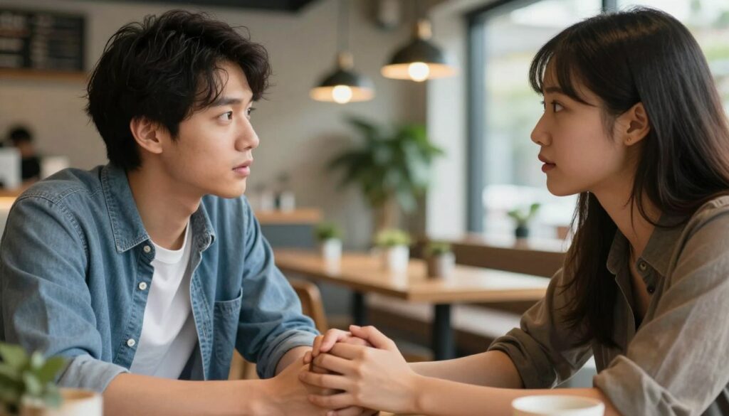 A close-up view of two individuals sitting across from each other at a stylish, modern cafe. They are engaged in a deep conversation, showcasing expressions of curiosity and connection, representing emotional compatibility. The foreground features a soft focus on their interlocked hands resting on the table, symbolizing intimacy and trust. The middle ground captures their thoughtful expressions, with warm, natural lighting highlighting their faces. In the background, blurred café elements like plants and ambient lighting create a cozy atmosphere. The scene conveys a sense of warmth and open communication, indicating the importance of emotional connection in relationships.