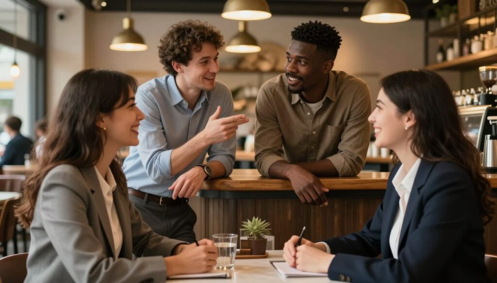 A compelling comparison of same-sex couple dynamics, featuring two pairs of individuals engaged in conversation and interaction within a warm, inviting café setting. In the foreground, two women in professional business attire are seated at a table, laughing and sharing a moment. In the middle ground, a diverse pair of men are leaning against a bar, discussing animatedly, showcasing different relationship dynamics. The background features soft, ambient lighting from pendant lamps, creating a cozy yet sophisticated atmosphere. The composition uses a slight depth of field to focus on the couples, blurring the bustling café environment behind them. The lighting is warm, evoking a sense of community and connection, while the overall mood conveys a celebration of love and partnership in diverse forms. A compelling comparison of same-sex couple dynamics, featuring two pairs of individuals engaged in conversation and interaction within a warm, inviting café setting. In the foreground, two women in professional business attire are seated at a table, laughing and sharing a moment. In the middle ground, a diverse pair of men are leaning against a bar, discussing animatedly, showcasing different relationship dynamics. The background features soft, ambient lighting from pendant lamps, creating a cozy yet sophisticated atmosphere. The composition uses a slight depth of field to focus on the couples, blurring the bustling café environment behind them. The lighting is warm, evoking a sense of community and connection, while the overall mood conveys a celebration of love and partnership in diverse forms.