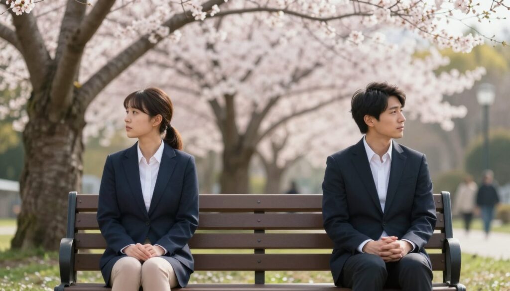 A contemplative scene depicting a couple sitting apart on a park bench, highlighting their emotional distance during a relationship break. In the foreground, the two individuals, dressed in professional business attire, are positioned at opposite ends of the bench, with thoughtful expressions as they look away from each other. In the middle ground, a softly blurred blooming cherry blossom tree symbolizes fleeting moments and change, while the background features a serene park setting with a gentle sunlight filtering through the leaves, casting a warm glow. The overall mood is one of introspection and longing, capturing the complex emotions surrounding a relationship pause. The image should have a soft focus and a balanced composition, enhancing the atmosphere of reflection. A contemplative scene depicting a couple sitting apart on a park bench, highlighting their emotional distance during a relationship break. In the foreground, the two individuals, dressed in professional business attire, are positioned at opposite ends of the bench, with thoughtful expressions as they look away from each other. In the middle ground, a softly blurred blooming cherry blossom tree symbolizes fleeting moments and change, while the background features a serene park setting with a gentle sunlight filtering through the leaves, casting a warm glow. The overall mood is one of introspection and longing, capturing the complex emotions surrounding a relationship pause. The image should have a soft focus and a balanced composition, enhancing the atmosphere of reflection.