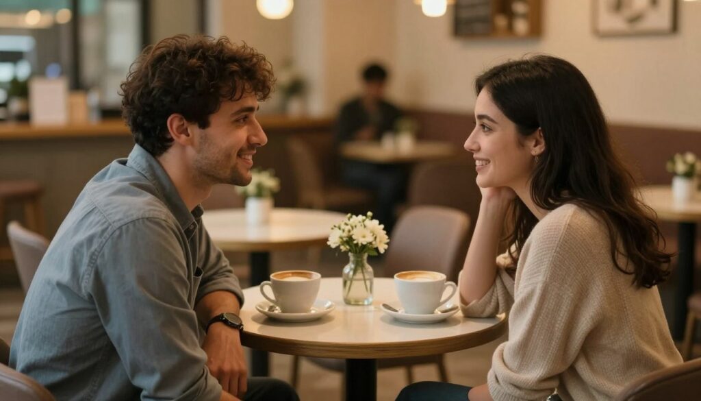 A couple sitting at a cozy café table, engaged in a deep conversation, illustrating the transition of their relationship from casual to serious. The foreground features the couple, dressed in modest casual clothing, leaning towards each other with warm smiles and attentive expressions. In the middle, a small round table is set with two cups of coffee and a small vase of flowers, symbolizing intimacy and connection. The background showcases a softly lit café interior, with warm, ambient lighting creating a welcoming atmosphere. The camera angle captures the couple from a slightly elevated perspective, emphasizing their closeness while incorporating soft bokeh effects to draw attention to their connection. The mood is warm, inviting, and reflective of meaningful relationships. A couple sitting at a cozy café table, engaged in a deep conversation, illustrating the transition of their relationship from casual to serious. The foreground features the couple, dressed in modest casual clothing, leaning towards each other with warm smiles and attentive expressions. In the middle, a small round table is set with two cups of coffee and a small vase of flowers, symbolizing intimacy and connection. The background showcases a softly lit café interior, with warm, ambient lighting creating a welcoming atmosphere. The camera angle captures the couple from a slightly elevated perspective, emphasizing their closeness while incorporating soft bokeh effects to draw attention to their connection. The mood is warm, inviting, and reflective of meaningful relationships.