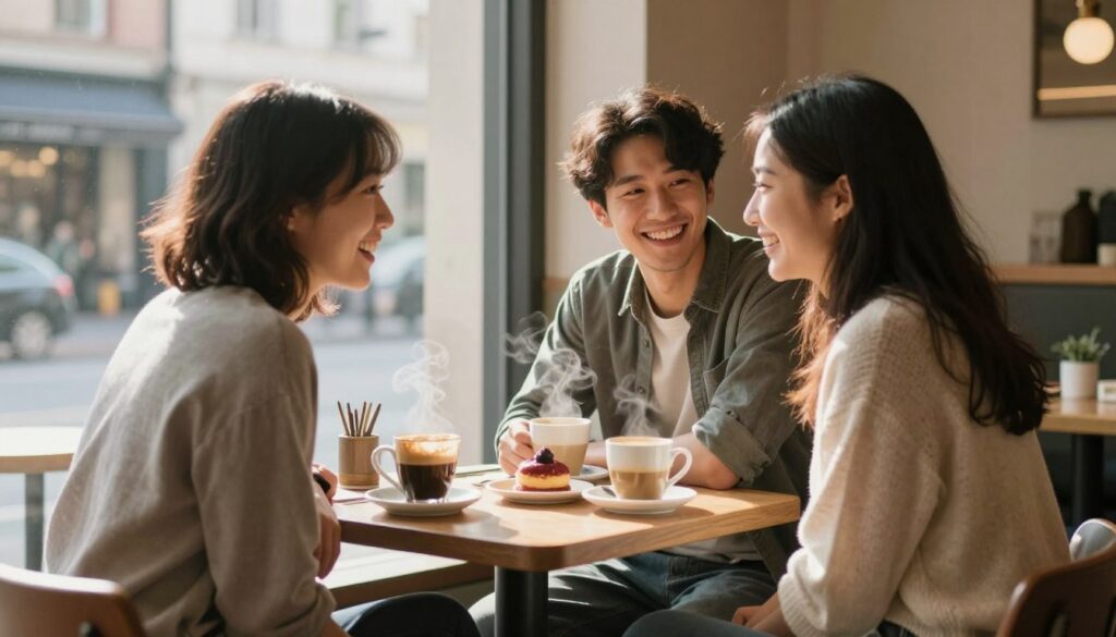 A cozy cafe scene depicts two friends sitting close together at a window table. The foreground captures a shared laughter between a man and woman in modest casual clothing, radiating warmth and comfort. The middle layer features a small table adorned with two steaming mugs of coffee and a small dessert, symbolizing their bond. In the background, softly blurred city street elements hint at life outside, with gentle sunlight filtering through the window, creating a welcoming atmosphere. The lighting is soft and natural, enhancing the intimate yet casual feel of their relationship. The angle focuses on the two friends, showcasing their enjoyment and close companionship without any overt romantic gestures. The overall mood is light and friendly, capturing the essence of a "friends with benefits" dynamic.
