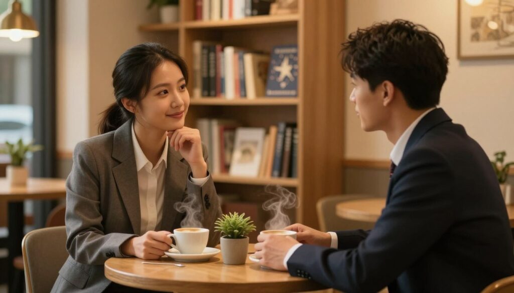 A cozy, intimate scene set in a softly lit café, with two individuals seated at a small table, deep in conversation. Both are dressed in professional business attire, reflecting their ambitious nature. The person on the left, a Capricorn, is depicted with thoughtful expressions, conveying loyalty and caution while occasionally showing a faint smile. The ambiance is warm, with gentle lighting casting a golden glow, highlighting their focused yet open demeanor. In the background, a bookshelf filled with personal development and astrology books suggests a blend of ambition and introspection. The table is adorned with a small plant and two steaming cups of coffee, symbolizing connection and growth. The overall mood is one of warmth, sincerity, and the slow unfolding of emotions. A cozy, intimate scene set in a softly lit café, with two individuals seated at a small table, deep in conversation. Both are dressed in professional business attire, reflecting their ambitious nature. The person on the left, a Capricorn, is depicted with thoughtful expressions, conveying loyalty and caution while occasionally showing a faint smile. The ambiance is warm, with gentle lighting casting a golden glow, highlighting their focused yet open demeanor. In the background, a bookshelf filled with personal development and astrology books suggests a blend of ambition and introspection. The table is adorned with a small plant and two steaming cups of coffee, symbolizing connection and growth. The overall mood is one of warmth, sincerity, and the slow unfolding of emotions.