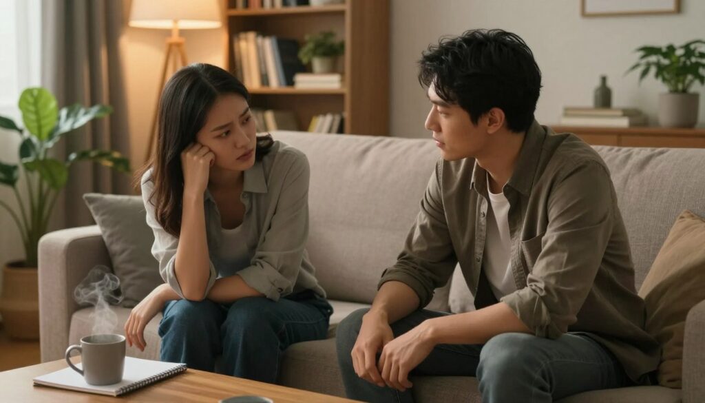 A cozy, intimate setting featuring two people engaged in a heartfelt conversation about feelings. In the foreground, a man and a woman sit on a comfortable sofa, dressed in smart casual attire, expressing empathy through their body language. Their faces are attentive and sincere, reflecting vulnerability and openness. The middle ground showcases a warm, softly lit living room with a coffee table adorned with a steaming mug and a notepad. In the background, a shelf filled with books and indoor plants adds to the inviting atmosphere. The lighting is gentle and diffuse, creating a tranquil mood, while the angle captures the scene from slightly above, emphasizing the connection between the two individuals. The overall ambiance is one of trust and understanding, perfect for discussing challenging emotions. A cozy, intimate setting featuring two people engaged in a heartfelt conversation about feelings. In the foreground, a man and a woman sit on a comfortable sofa, dressed in smart casual attire, expressing empathy through their body language. Their faces are attentive and sincere, reflecting vulnerability and openness. The middle ground showcases a warm, softly lit living room with a coffee table adorned with a steaming mug and a notepad. In the background, a shelf filled with books and indoor plants adds to the inviting atmosphere. The lighting is gentle and diffuse, creating a tranquil mood, while the angle captures the scene from slightly above, emphasizing the connection between the two individuals. The overall ambiance is one of trust and understanding, perfect for discussing challenging emotions.