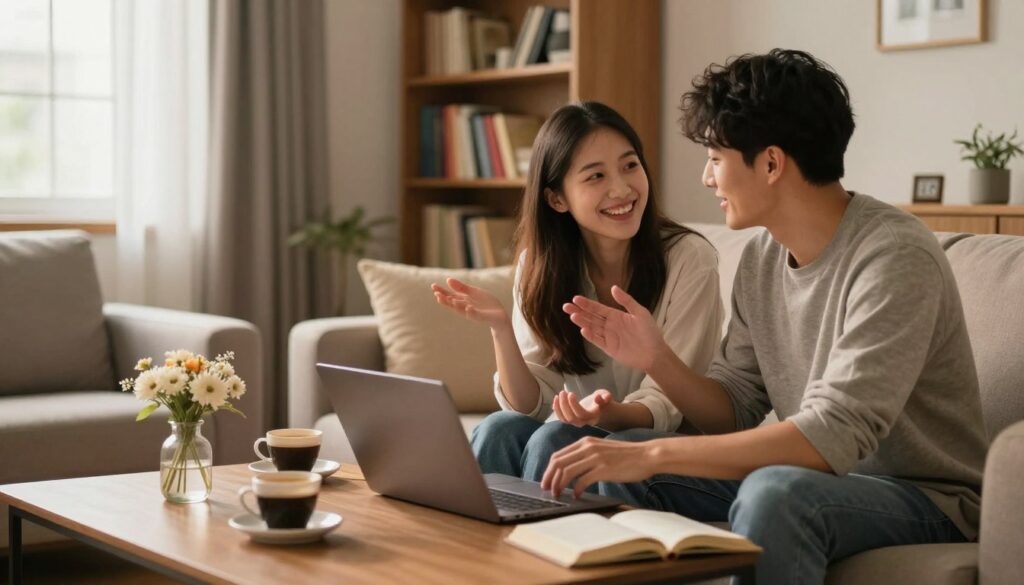 A cozy, modern living room setting bathed in warm, soft lighting, creating an inviting atmosphere. In the foreground, a young couple, dressed in modest casual clothing, are sitting side by side on a comfortable sofa, engaged in an animated discussion while using a laptop. The woman has long hair and is laughing gently, while the man, sporting a stylish haircut, is looking at her with interest. In the middle ground, a coffee table showcases cups of coffee, a small vase of flowers, and some open books, enhancing the intimacy of the scene. The background features a bookshelf filled with colorful books and a window with sheer curtains allowing natural light to filter through, adding to the warmth and comfort of the space. The entire composition conveys a sense of connection and the excitement of finding love online. A cozy, modern living room setting bathed in warm, soft lighting, creating an inviting atmosphere. In the foreground, a young couple, dressed in modest casual clothing, are sitting side by side on a comfortable sofa, engaged in an animated discussion while using a laptop. The woman has long hair and is laughing gently, while the man, sporting a stylish haircut, is looking at her with interest. In the middle ground, a coffee table showcases cups of coffee, a small vase of flowers, and some open books, enhancing the intimacy of the scene. The background features a bookshelf filled with colorful books and a window with sheer curtains allowing natural light to filter through, adding to the warmth and comfort of the space. The entire composition conveys a sense of connection and the excitement of finding love online.