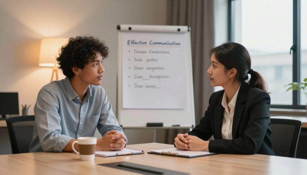 A cozy office space featuring two professionals engaged in a focused conversation. In the foreground, a diverse man and woman, dressed in business attire, are sitting across from each other at a modern conference table. Their bodies are angled towards each other, showcasing active listening and mutual respect. The middle layer includes a flip chart with key points on effective communication and a warm cup of coffee on the table, symbolizing a comfortable atmosphere. The background displays soft, warm lighting from a stylish lamp and a large window letting in natural light, creating a collaborative mood. The scene conveys the essence of productive dialogue and connection, emphasizing the importance of communication in relationship repair.
