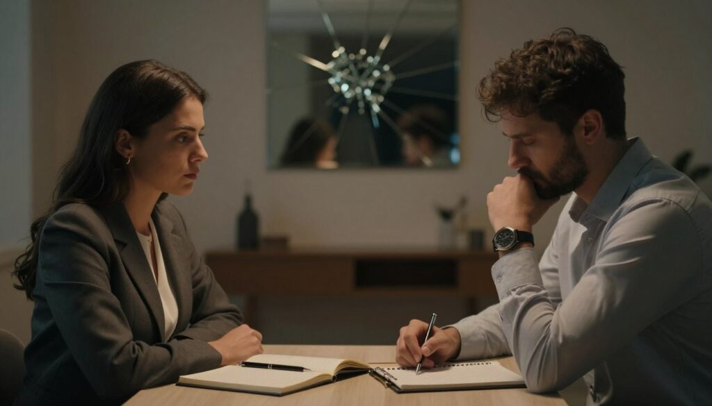 A dimly lit room symbolizes the theme of deceit in relationships. In the foreground, a couple sits at a small table, their faces partially turned away from each other, showcasing a tense atmosphere. The woman wears a modest business outfit, her eyes averted, while the man, in a professional shirt, looks down contemplatively, revealing a sense of disconnection. The table is cluttered with symbols of communication—an open notebook and a pen, indicating unspoken words. In the background, a blurred image of a broken mirror reflects fractured trust, enhancing the mood of betrayal and vulnerability. Soft, warm lighting contrasts with the cool shadows to create a poignant, introspective atmosphere, encouraging viewers to reflect on the impact of dishonesty in intimate relationships. A dimly lit room symbolizes the theme of deceit in relationships. In the foreground, a couple sits at a small table, their faces partially turned away from each other, showcasing a tense atmosphere. The woman wears a modest business outfit, her eyes averted, while the man, in a professional shirt, looks down contemplatively, revealing a sense of disconnection. The table is cluttered with symbols of communication—an open notebook and a pen, indicating unspoken words. In the background, a blurred image of a broken mirror reflects fractured trust, enhancing the mood of betrayal and vulnerability. Soft, warm lighting contrasts with the cool shadows to create a poignant, introspective atmosphere, encouraging viewers to reflect on the impact of dishonesty in intimate relationships.