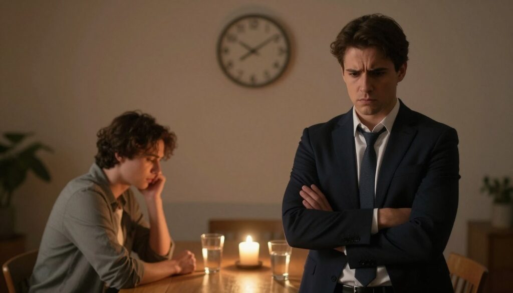 A dimly lit room with a couple engaged in a tense conversation, emphasizing nonverbal cues of control. In the foreground, the partner displaying dominant behavior stands confidently, arms crossed, with a furrowed brow, wearing professional business attire. In contrast, the other partner appears anxious, glancing down, dressed in modest casual clothing. The middle ground features a table with a flickering candle and two glasses of water, symbolizing the emotional turbulence of the relationship. The background shows a blurred clock, highlighting the pressure of time and control. Soft, warm lighting casts shadows, creating an intimate yet unsettling atmosphere, accentuating the theme of dominance and the warning signs of excessive control in relationships. A dimly lit room with a couple engaged in a tense conversation, emphasizing nonverbal cues of control. In the foreground, the partner displaying dominant behavior stands confidently, arms crossed, with a furrowed brow, wearing professional business attire. In contrast, the other partner appears anxious, glancing down, dressed in modest casual clothing. The middle ground features a table with a flickering candle and two glasses of water, symbolizing the emotional turbulence of the relationship. The background shows a blurred clock, highlighting the pressure of time and control. Soft, warm lighting casts shadows, creating an intimate yet unsettling atmosphere, accentuating the theme of dominance and the warning signs of excessive control in relationships.