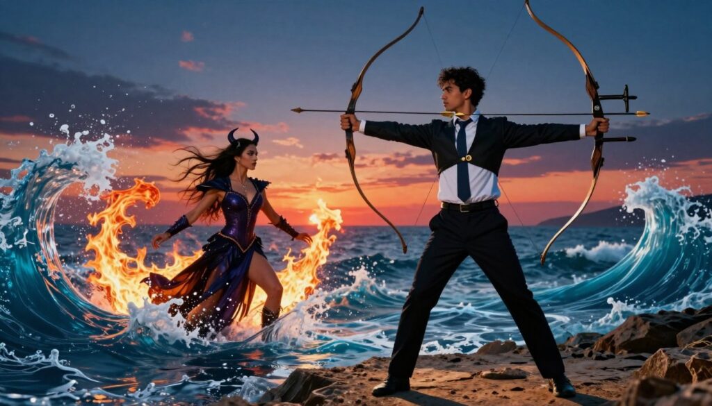 A dramatic scene portraying the dynamic relationship between a Sagittarius and a Scorpio, set against a striking contrast of fire and water elements. In the foreground, a Sagittarius archer, dressed in professional attire, stands confidently with a bow, embodying freedom and adventure. Nearby, a Scorpio figure, similarly attired, exudes intensity and mystery, surrounded by flowing water that symbolizes depth and emotion. The middle ground features swirling flames and rippling waves, merging in a captivating dance of conflict and harmony. In the background, an ethereal landscape blends vibrant sunset hues with cool shadows, enhancing the tension between the two characters. The lighting is dramatic, spotlighting the figures while casting long shadows, creating an atmosphere filled with passion and intrigue. The angle is slightly low, emphasizing the power dynamics of their connection. A dramatic scene portraying the dynamic relationship between a Sagittarius and a Scorpio, set against a striking contrast of fire and water elements. In the foreground, a Sagittarius archer, dressed in professional attire, stands confidently with a bow, embodying freedom and adventure. Nearby, a Scorpio figure, similarly attired, exudes intensity and mystery, surrounded by flowing water that symbolizes depth and emotion. The middle ground features swirling flames and rippling waves, merging in a captivating dance of conflict and harmony. In the background, an ethereal landscape blends vibrant sunset hues with cool shadows, enhancing the tension between the two characters. The lighting is dramatic, spotlighting the figures while casting long shadows, creating an atmosphere filled with passion and intrigue. The angle is slightly low, emphasizing the power dynamics of their connection.