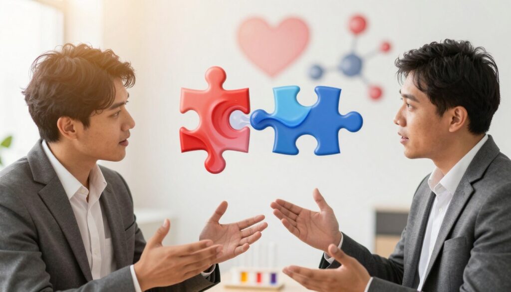 A harmonious and warm scene depicting the concept of chemistry and partner compatibility. In the foreground, two individuals in professional business attire are engaged in a lively discussion, their expressions showing interest and connection. The middle ground features a symbolic representation of chemistry, such as interlocking puzzle pieces or flowing liquid forms that blend together, symbolizing emotional and intellectual connection. The background includes soft, blurred shapes of abstract hearts and molecules to enhance the theme. Use warm, inviting lighting with a gentle glow that creates an atmosphere of intimacy and understanding. The angle should be slightly elevated to capture the interaction and symbols effectively, evoking a sense of collaboration and synergy in relationships. A harmonious and warm scene depicting the concept of chemistry and partner compatibility. In the foreground, two individuals in professional business attire are engaged in a lively discussion, their expressions showing interest and connection. The middle ground features a symbolic representation of chemistry, such as interlocking puzzle pieces or flowing liquid forms that blend together, symbolizing emotional and intellectual connection. The background includes soft, blurred shapes of abstract hearts and molecules to enhance the theme. Use warm, inviting lighting with a gentle glow that creates an atmosphere of intimacy and understanding. The angle should be slightly elevated to capture the interaction and symbols effectively, evoking a sense of collaboration and synergy in relationships.