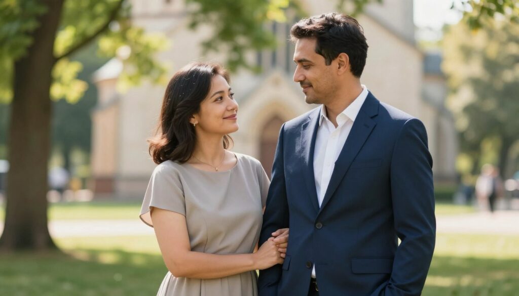 A heterosexual couple standing together, exuding warmth and connection. The man, in a sharp navy suit, is gently holding the woman's hand, who is dressed in a modest, elegant dress. They are positioned in the foreground, slightly angled toward each other, smiling softly. In the middle ground, a serene park setting is visible, with greenery and soft sunlight filtering through the leaves, creating a gentle, inviting atmosphere. In the background, a subtle architectural hint of a traditional church can be seen, symbolizing the Judeo-Christian tradition. The lighting is warm and natural, giving the scene an uplifting, hopeful mood. The image captures the essence of partnership and shared values, reflecting the themes of heritage and relationship dynamics. A heterosexual couple standing together, exuding warmth and connection. The man, in a sharp navy suit, is gently holding the woman's hand, who is dressed in a modest, elegant dress. They are positioned in the foreground, slightly angled toward each other, smiling softly. In the middle ground, a serene park setting is visible, with greenery and soft sunlight filtering through the leaves, creating a gentle, inviting atmosphere. In the background, a subtle architectural hint of a traditional church can be seen, symbolizing the Judeo-Christian tradition. The lighting is warm and natural, giving the scene an uplifting, hopeful mood. The image captures the essence of partnership and shared values, reflecting the themes of heritage and relationship dynamics.