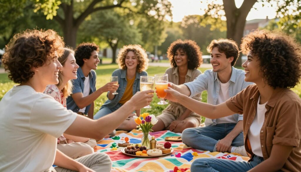 A lively outdoor gathering featuring a diverse group of friends engaged in joyous conversation and laughter in a sunlit park setting. In the foreground, two people are playfully toasting with drinks, dressed in stylish casual attire. The middle section shows a small picnic setup with colorful blankets, elegant snacks, and cheerful decorations, while others share stories or play games. In the background, vibrant green trees and blooming flowers add warmth to the scene. Soft, golden-hour lighting bathes the scene in a cozy glow, enhancing the atmosphere of connection and camaraderie among the group, emphasizing social bonding and the joy of shared experiences. A lively outdoor gathering featuring a diverse group of friends engaged in joyous conversation and laughter in a sunlit park setting. In the foreground, two people are playfully toasting with drinks, dressed in stylish casual attire. The middle section shows a small picnic setup with colorful blankets, elegant snacks, and cheerful decorations, while others share stories or play games. In the background, vibrant green trees and blooming flowers add warmth to the scene. Soft, golden-hour lighting bathes the scene in a cozy glow, enhancing the atmosphere of connection and camaraderie among the group, emphasizing social bonding and the joy of shared experiences.