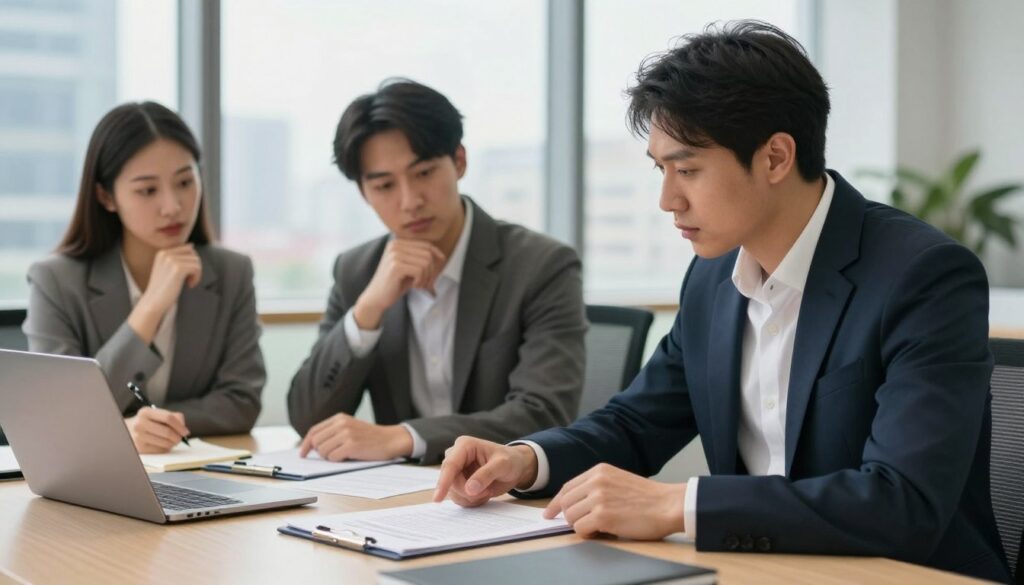 A professional, modern office setting where two diverse couples are engaged in a discussion around a table filled with legal documents and partnership agreements. In the foreground, one couple, a man in a suit and a woman in smart business attire, is actively pointing at a document, displaying a sense of focus and determination. In the middle ground, another couple, a woman in a tailored blazer and a man in business casual, is taking notes, reflecting thoughtful consideration. The background features a large window letting in soft, natural light, with city skylines visible, enhancing a sense of professionalism and optimism. The atmosphere is collaborative and serious, highlighting the procedural aspects of forming partnerships in a contemporary context. A professional, modern office setting where two diverse couples are engaged in a discussion around a table filled with legal documents and partnership agreements. In the foreground, one couple, a man in a suit and a woman in smart business attire, is actively pointing at a document, displaying a sense of focus and determination. In the middle ground, another couple, a woman in a tailored blazer and a man in business casual, is taking notes, reflecting thoughtful consideration. The background features a large window letting in soft, natural light, with city skylines visible, enhancing a sense of professionalism and optimism. The atmosphere is collaborative and serious, highlighting the procedural aspects of forming partnerships in a contemporary context.
