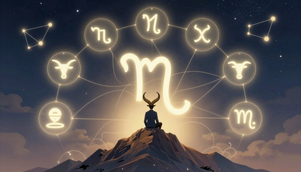 A refined and elegant Capricorn symbol, surrounded by ethereal representations of compatible zodiac signs like Taurus and Virgo. In the foreground, illustrate a calm Capricorn figure perched on a mountain peak, embodying loyalty and ambition, wearing professional attire. The middle ground features soft, flowing lines connecting the Capricorn to the other zodiac signs, symbolizing harmony and relationships. The background showcases a starry night sky, with constellations subtly illuminated, providing a mystical atmosphere. Use soft, warm lighting to create an inviting mood, capturing the essence of stability and cautious affection. The overall composition should evoke a sense of balance and connection among the zodiac, focusing on compatibility and togetherness. A refined and elegant Capricorn symbol, surrounded by ethereal representations of compatible zodiac signs like Taurus and Virgo. In the foreground, illustrate a calm Capricorn figure perched on a mountain peak, embodying loyalty and ambition, wearing professional attire. The middle ground features soft, flowing lines connecting the Capricorn to the other zodiac signs, symbolizing harmony and relationships. The background showcases a starry night sky, with constellations subtly illuminated, providing a mystical atmosphere. Use soft, warm lighting to create an inviting mood, capturing the essence of stability and cautious affection. The overall composition should evoke a sense of balance and connection among the zodiac, focusing on compatibility and togetherness.