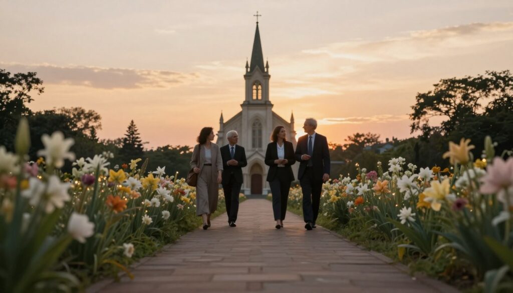 A serene and contemplative scene depicting a pathway leading toward a tranquil church, symbolizing the spiritual journey towards the sacraments. In the foreground, soft, illuminated flowers frame the path, representing hope and faith. In the middle ground, a diverse group of individuals in professional attire walk side by side, engaged in thoughtful conversation, embodying connection and support on their spiritual quest. In the background, the church stands majestically against a soft sunset sky, casting warm golden hues that evoke a sense of peace and reverence. The lighting is gentle and ethereal, creating a mood of contemplation and serenity, while the angle captures a perspective that invites the viewer along the journey.