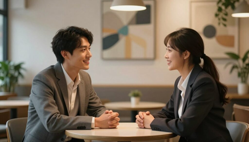 A serene and harmonious scene depicting the role of communication in building relationships. In the foreground, two individuals, a man and a woman, are seated at a small round table, facing each other with warm smiles, embodying active listening and engagement. They are dressed in professional business attire, conveying respect and equality. In the middle ground, a soft glow of ambient light illuminates their faces, highlighting their expressive features and the warmth of the moment. The background features a cozy café setting with abstract art on the walls, plants in the corners, creating an inviting atmosphere. The composition is captured with a shallow depth of field, focusing on the couple's interaction, while the warm light suggests a positive, intimate mood, emphasizing trust and understanding in communication. A serene and harmonious scene depicting the role of communication in building relationships. In the foreground, two individuals, a man and a woman, are seated at a small round table, facing each other with warm smiles, embodying active listening and engagement. They are dressed in professional business attire, conveying respect and equality. In the middle ground, a soft glow of ambient light illuminates their faces, highlighting their expressive features and the warmth of the moment. The background features a cozy café setting with abstract art on the walls, plants in the corners, creating an inviting atmosphere. The composition is captured with a shallow depth of field, focusing on the couple's interaction, while the warm light suggests a positive, intimate mood, emphasizing trust and understanding in communication.