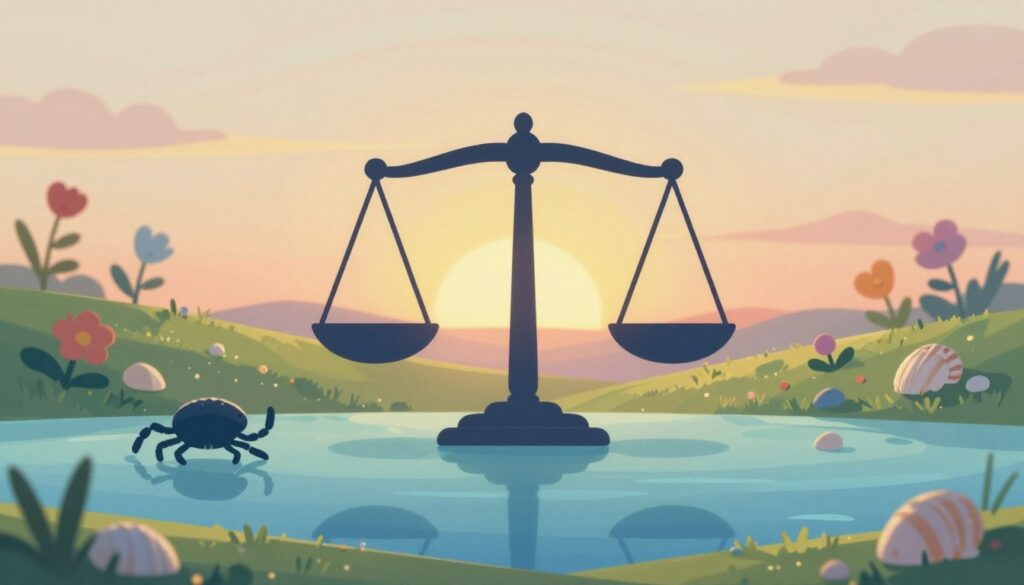 A serene and harmonious scene showcasing the strengths and foundations of emotional balance symbolized by the astrological signs of Cancer (Rak) and Libra (Waga). In the foreground, a gentle blend of soft blues and greens represents Cancer's nurturing nature, depicted through the silhouette of a calm sea and delicate seashells. The middle ground features the scales of Libra, elegantly balanced against a backdrop of blooming flowers, symbolizing harmony and acceptance. The background showcases a warm sunset, casting a golden glow over the scene, enhancing the tranquil atmosphere. The overall mood is peaceful and reflective, inviting viewers to contemplate the connection between emotions and harmony. Use soft focus to emphasize the gentle interplay of colors and shapes, with a slightly elevated angle to capture the full essence of the scene. A serene and harmonious scene showcasing the strengths and foundations of emotional balance symbolized by the astrological signs of Cancer (Rak) and Libra (Waga). In the foreground, a gentle blend of soft blues and greens represents Cancer's nurturing nature, depicted through the silhouette of a calm sea and delicate seashells. The middle ground features the scales of Libra, elegantly balanced against a backdrop of blooming flowers, symbolizing harmony and acceptance. The background showcases a warm sunset, casting a golden glow over the scene, enhancing the tranquil atmosphere. The overall mood is peaceful and reflective, inviting viewers to contemplate the connection between emotions and harmony. Use soft focus to emphasize the gentle interplay of colors and shapes, with a slightly elevated angle to capture the full essence of the scene.