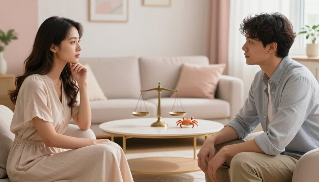 A serene and harmonious setting representing the psychological analysis of a Cancer and Libra partnership. In the foreground, a thoughtful couple is engaged in deep conversation, seated comfortably in a cozy, well-lit living room. The Cancer partner, a woman, is wearing a soft, flowing dress, embodying warmth and nurturing energy, while the Libra partner, a man, is dressed in smart casual attire, exuding charm and balance. In the middle ground, a small coffee table holds symbolic items like a scale and a crab figurine, reflecting their zodiac signs. In the background, soft pastel colors and gentle lighting create an atmosphere of calmness and acceptance, suggesting emotional depth and understanding. The overall mood is warm and introspective, perfect for illustrating the psychological nuances of their relationship. A serene and harmonious setting representing the psychological analysis of a Cancer and Libra partnership. In the foreground, a thoughtful couple is engaged in deep conversation, seated comfortably in a cozy, well-lit living room. The Cancer partner, a woman, is wearing a soft, flowing dress, embodying warmth and nurturing energy, while the Libra partner, a man, is dressed in smart casual attire, exuding charm and balance. In the middle ground, a small coffee table holds symbolic items like a scale and a crab figurine, reflecting their zodiac signs. In the background, soft pastel colors and gentle lighting create an atmosphere of calmness and acceptance, suggesting emotional depth and understanding. The overall mood is warm and introspective, perfect for illustrating the psychological nuances of their relationship.